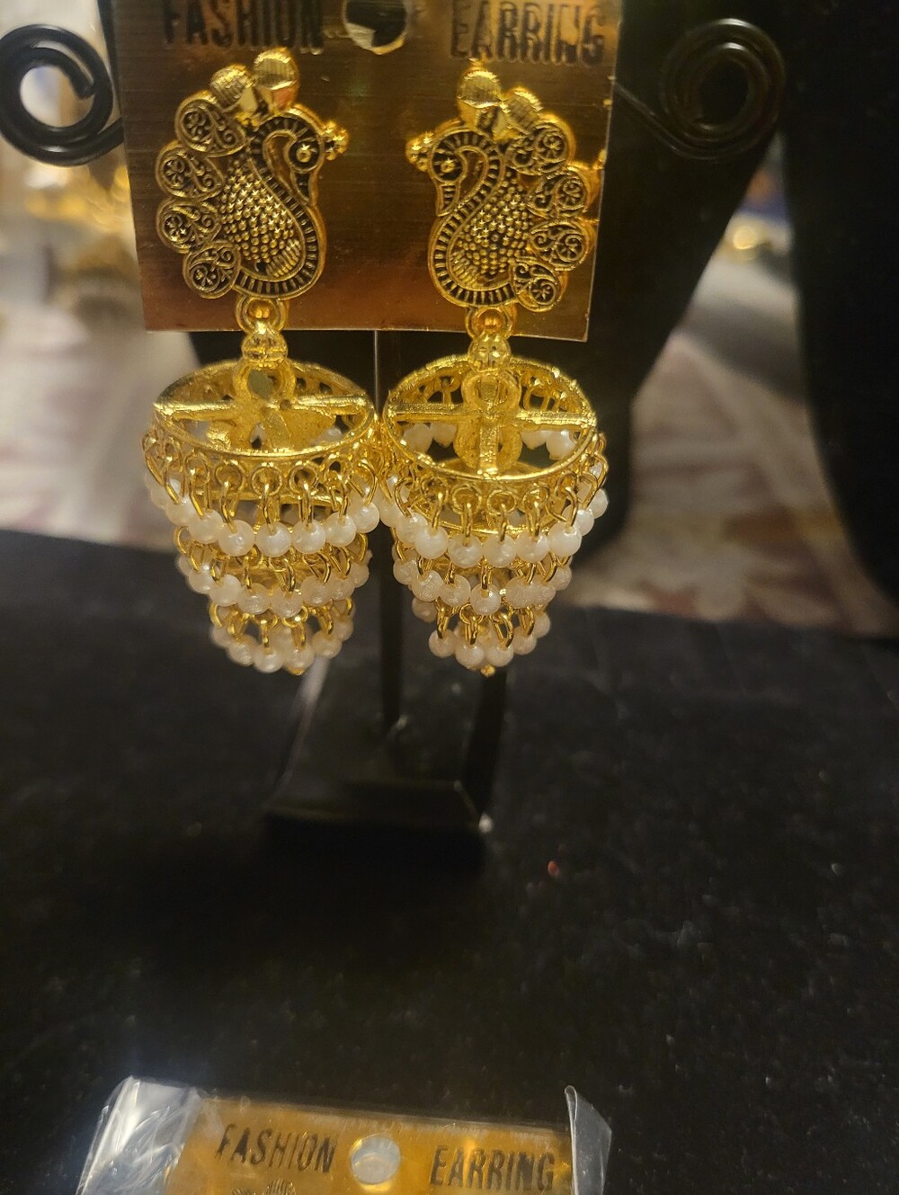 Gold and White Jhumka Earrings -